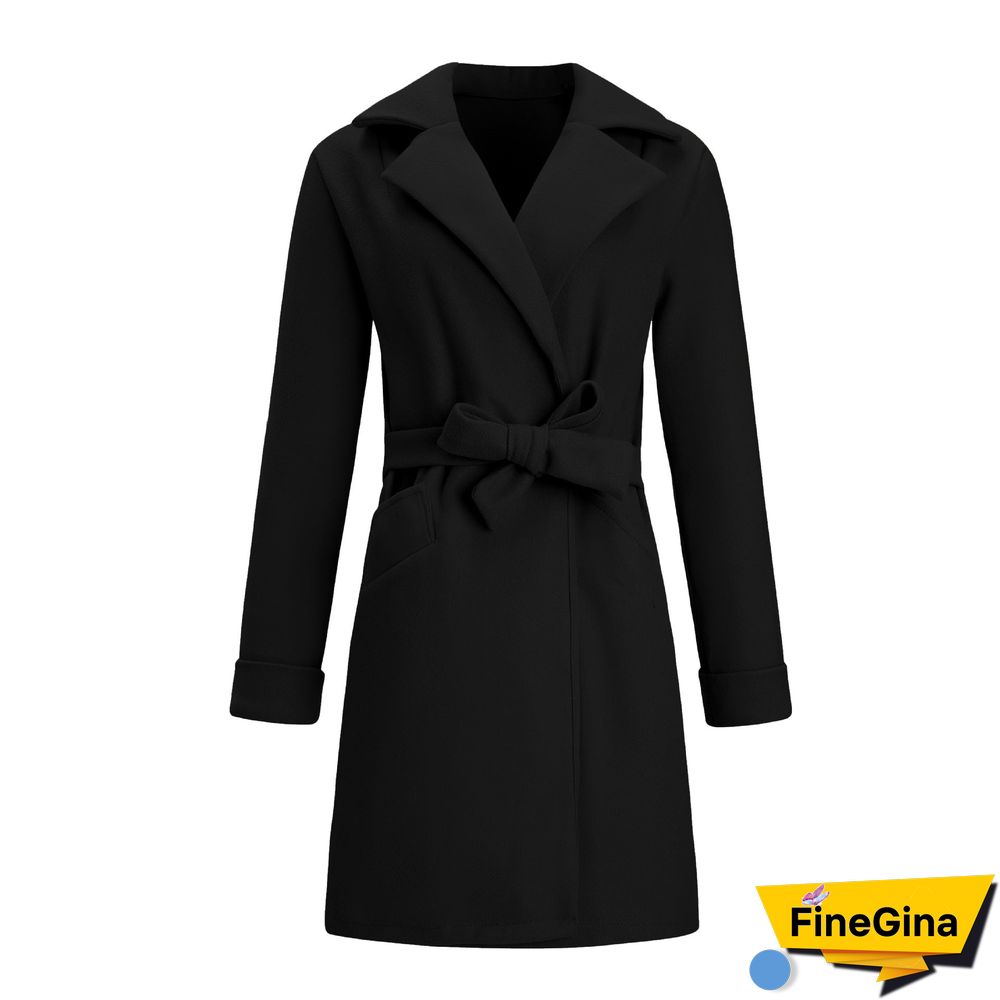 Notched Lapel Collar Belted Wool Blend Coat