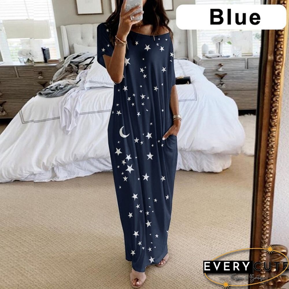 Plus Size Xs-5Xl Women Loose Casual Short Sleeve Moon Stars Print Maxi Dress Home Clothes Soft Long Dresses Homeware Vestidos Casuales