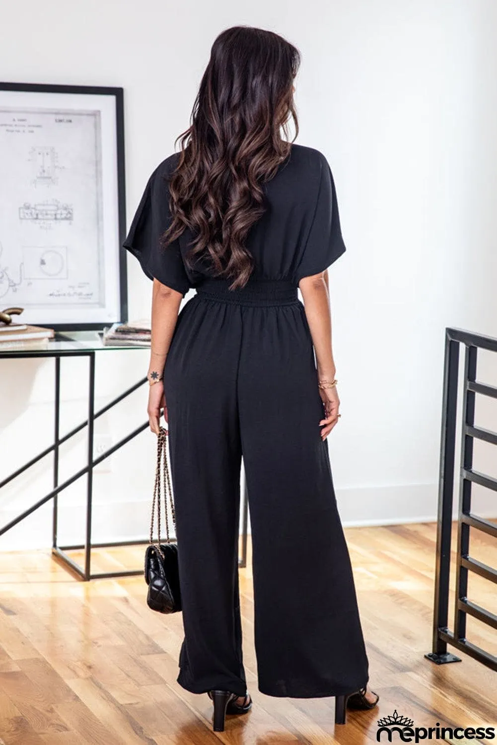 Deep V Neck High Waist Wide Leg Jumpsuit