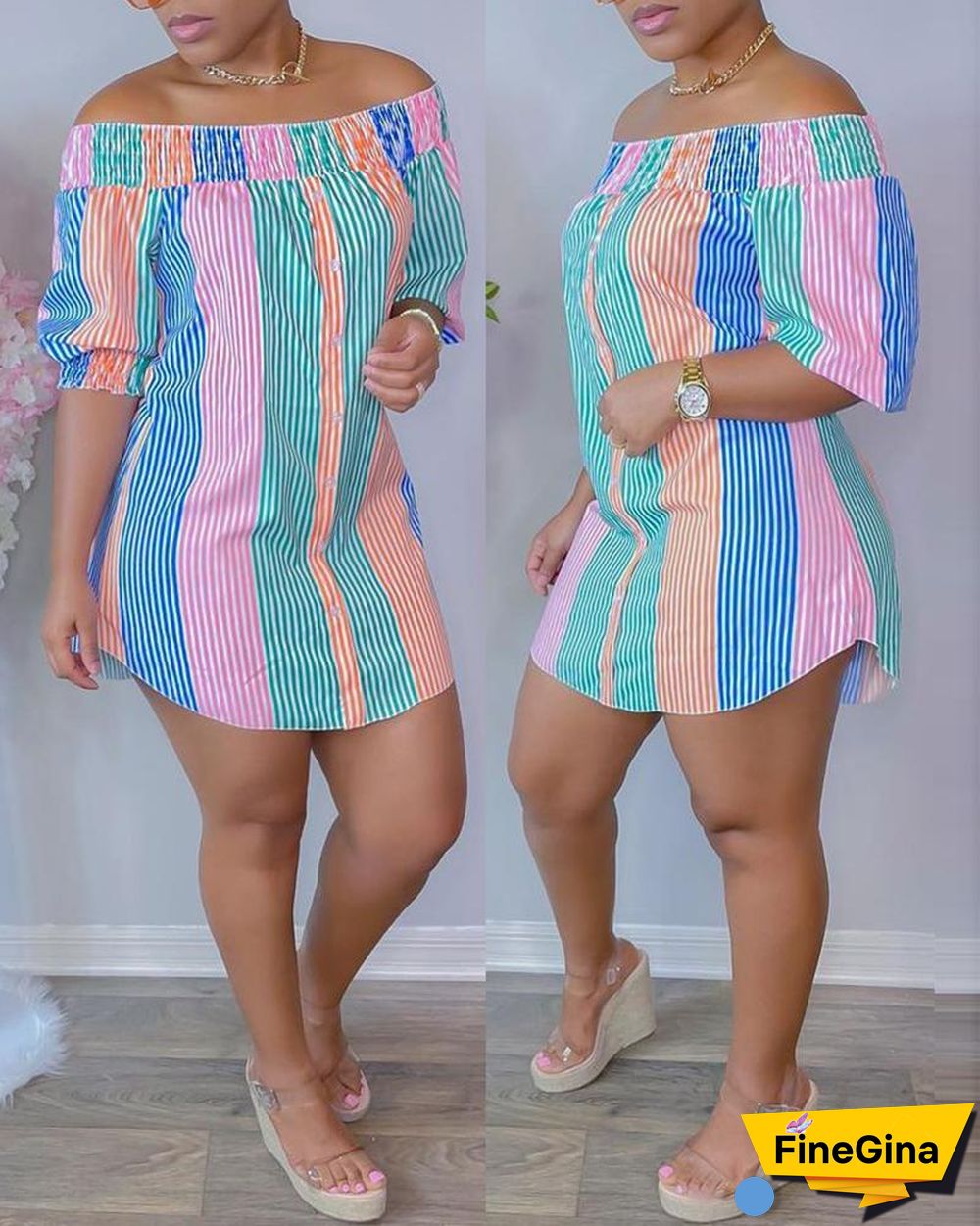 Striped Print Colorblock Shirred Buttoned Casual Dress
