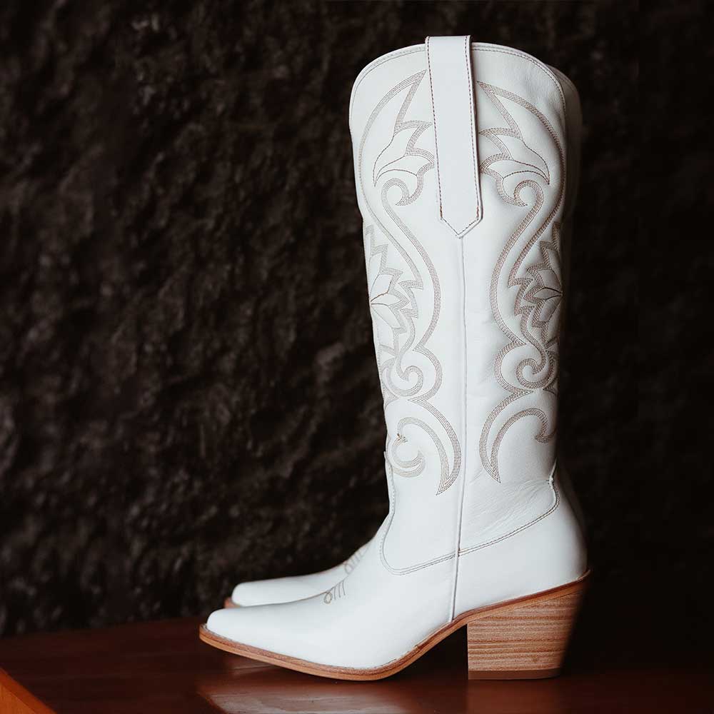 White Vegan Leather Pointed Toe Wide Calf Embroidered Cowgirl Boots With Chunky Heels