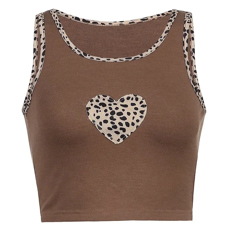 HEYounGIRL Patchwork Leopard Print Sleeveless Tank Top Women Casual Brown Crop Tops Tees Ladies Summer Fashion Vest Street 90s