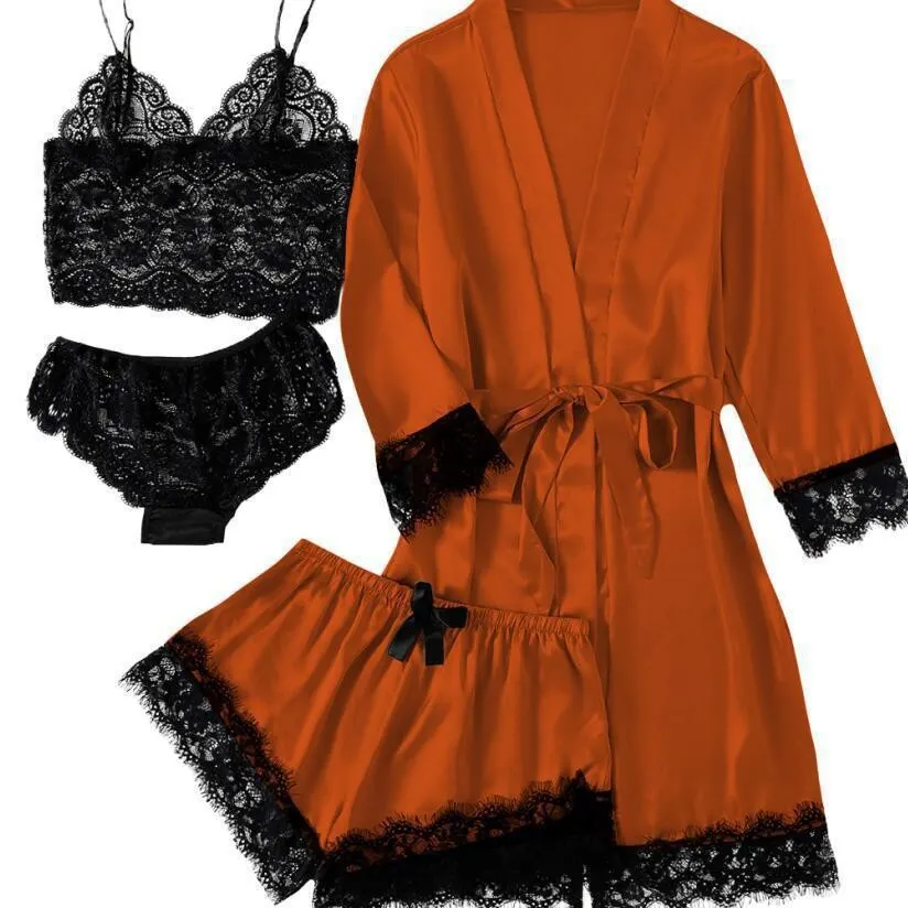 Churchf 2021 New Ladies Pajamas Four-Piece Sexy Sling Skirt Set Home Lace Pajamas Set
