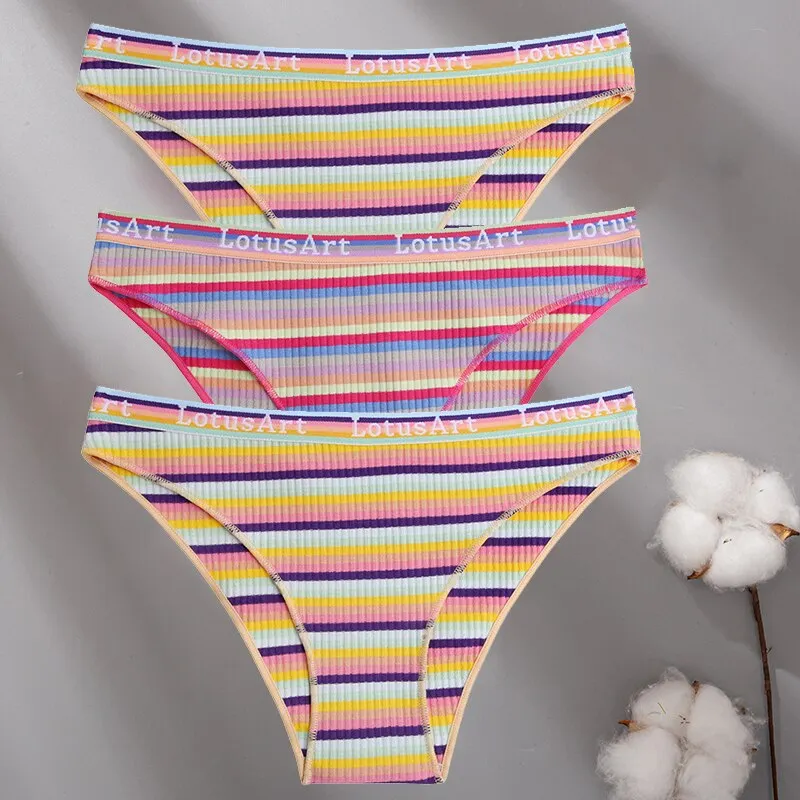 Billionm Women Cotton Colorful Stripe Panties Sexy Intimate Underwear Female Soft Solid Briefs Low Waist Underpant Soft Lingerie