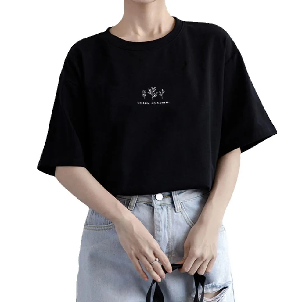 Brownm Brownm Sleeve Korean Round Collar T-Shirt Female 2024 Summer Loose Plant Print Casual Solid Color Student Half Sleeve Top Tide