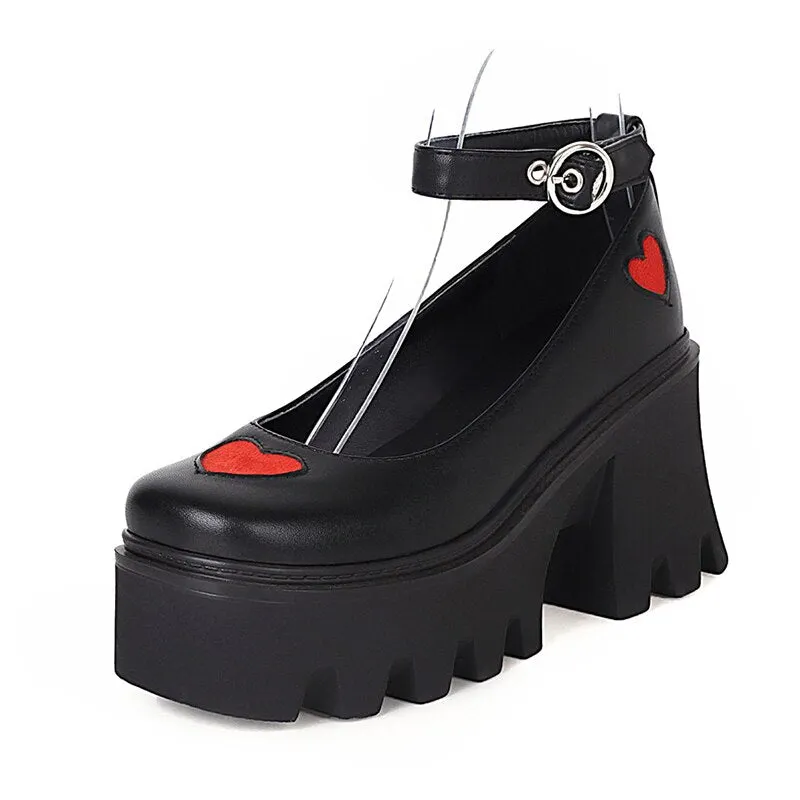 Gdgydh Romantic Goth Heart Shaped Shoes Women Platform Chunky Heels Cosplay Accessories Lolita Shoes Patent Leather Plus Size 43