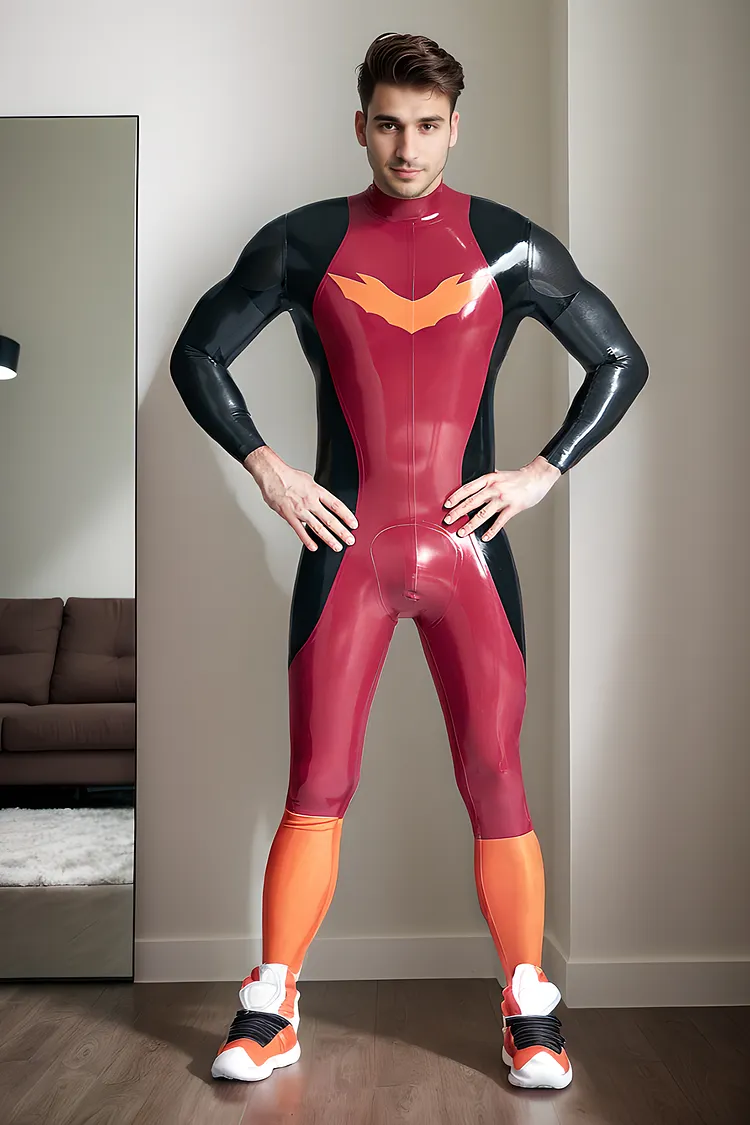 Men Latex Catsuits Winged Chest Back Zip Bear