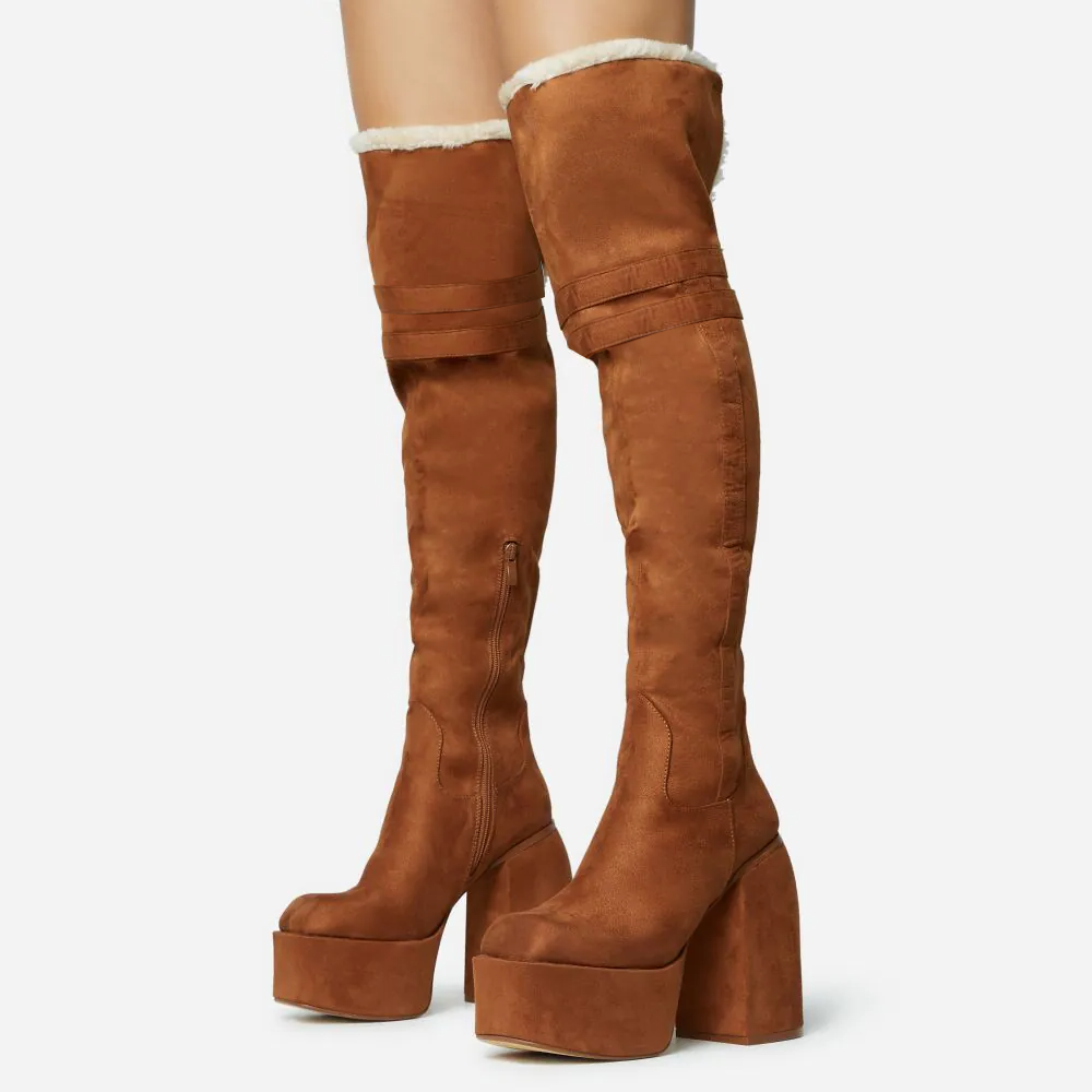 Brown Vegan Suede Square Toe Furry Lining Over The Knee Platform Boots Nicepairs