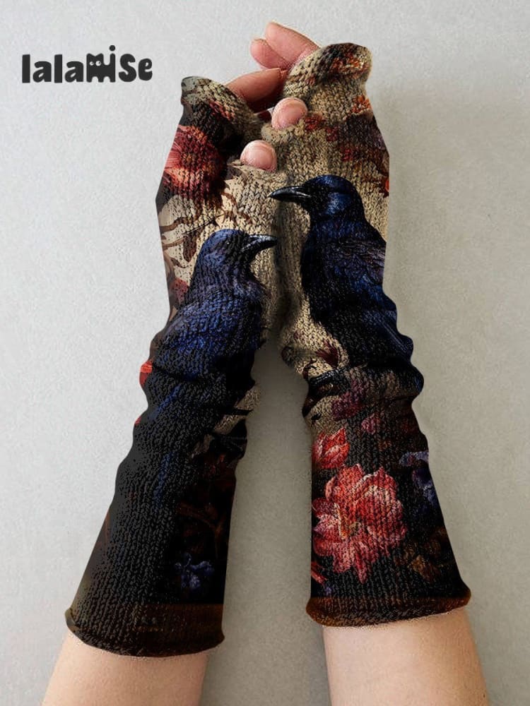 Women&rsquo;s Halloween Raven Print Fingerless Mitts Black / One - Size