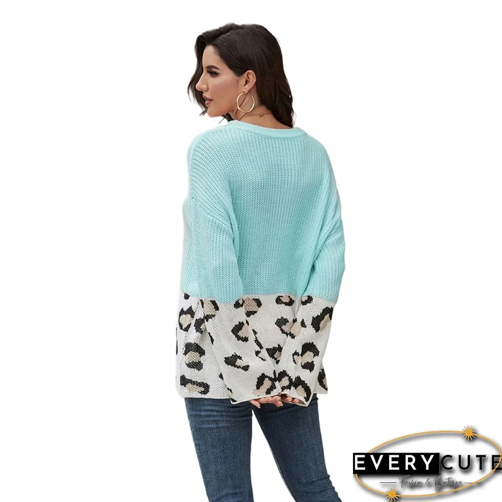 Light Blue Splice Leopard Colorblock Loose Style Sweater