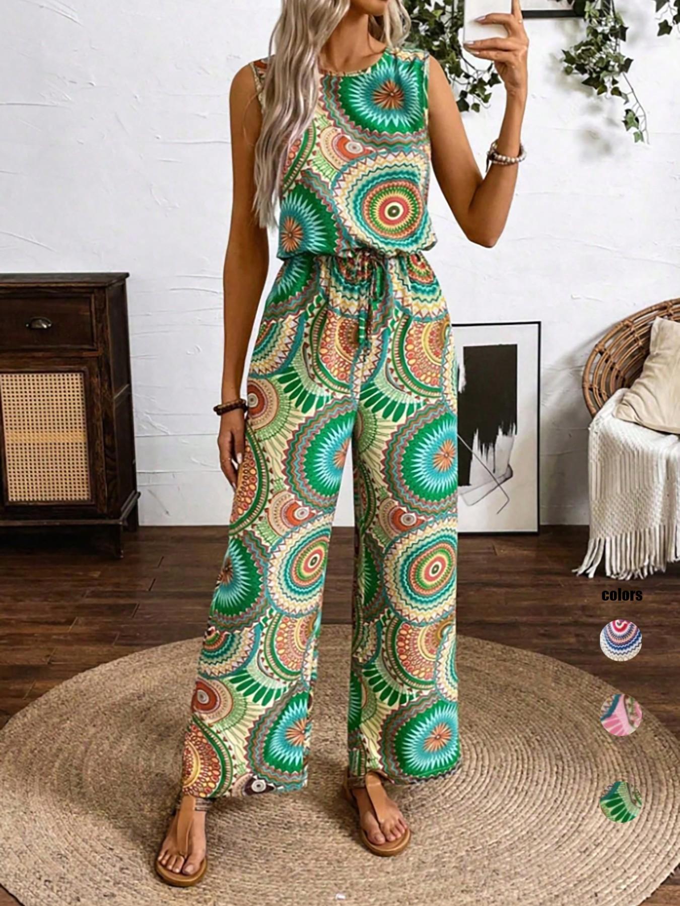 Women's Bohemian Style Sleeveless Jumpsuit, All over Print, Fitted, Casual, Round Neck, Wide Leg, Elastic Waist, Party & Vacation, Boho