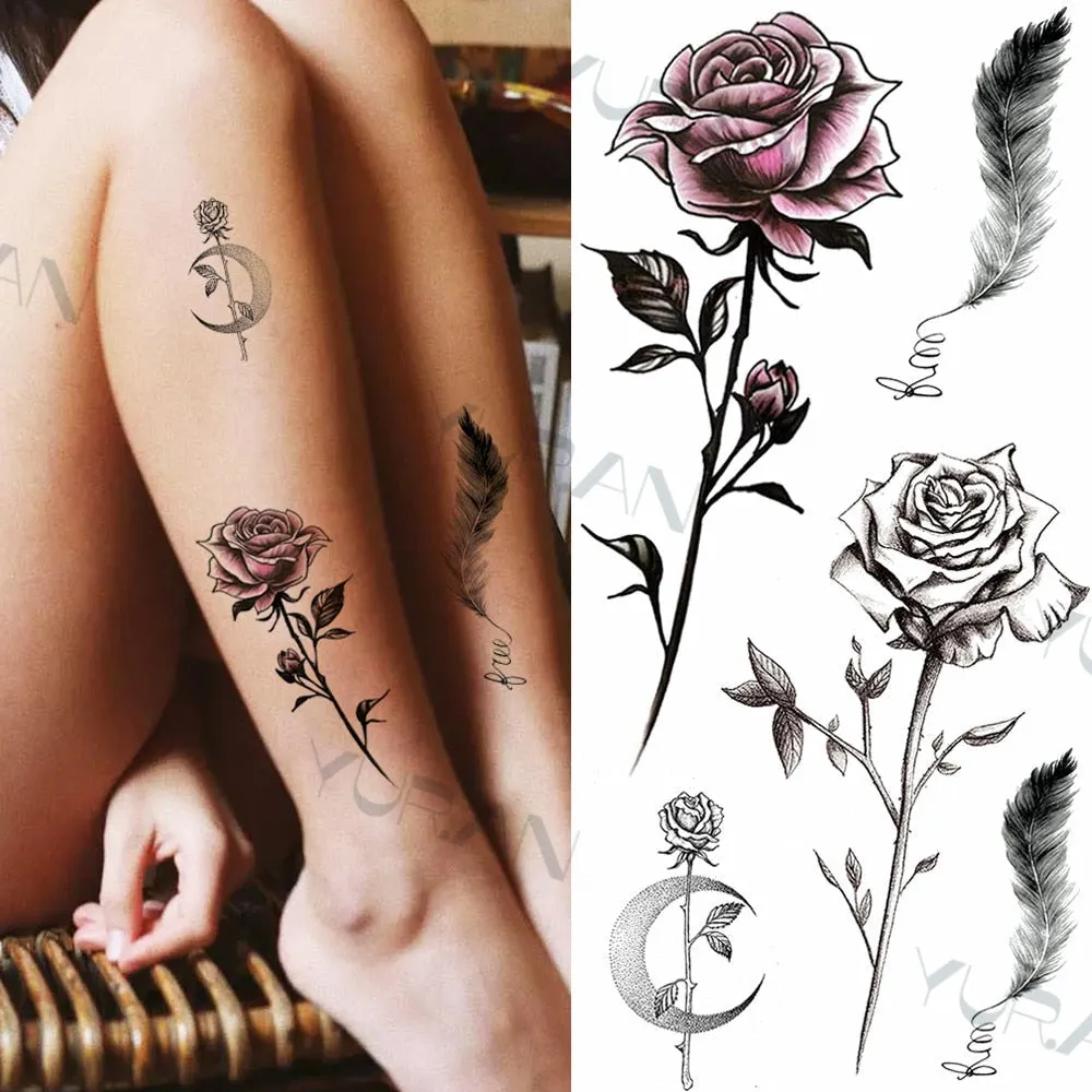 Black Large Snake Flower Fake Tattoo Sticker For Women Dot Rose Peony Temporary Tattoos DIY Water Transfer Tatoos Girls 530