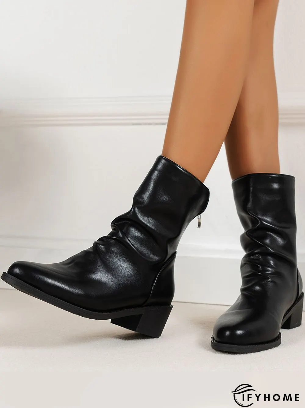 Ruched Zipper Pointed Toe Chunky Heel Boots | IFYHOME