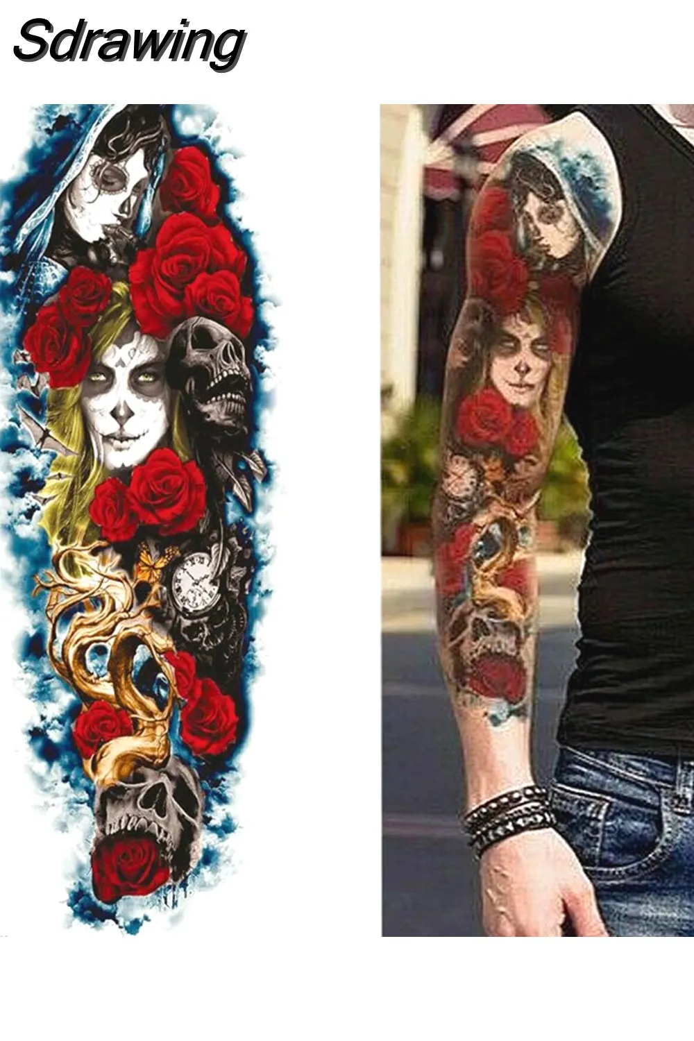 Sdrawing Sheets Full Arm Leg Extra Large Temporary Tattoos, Body Art For Men And Women - Wolf,Tiger,Bear,Warrior,Tribal Symbol 430-0