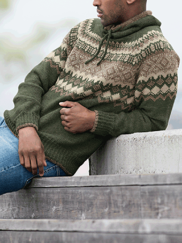 Vintage Patterned Knitted Icelandic Hooded Sweater