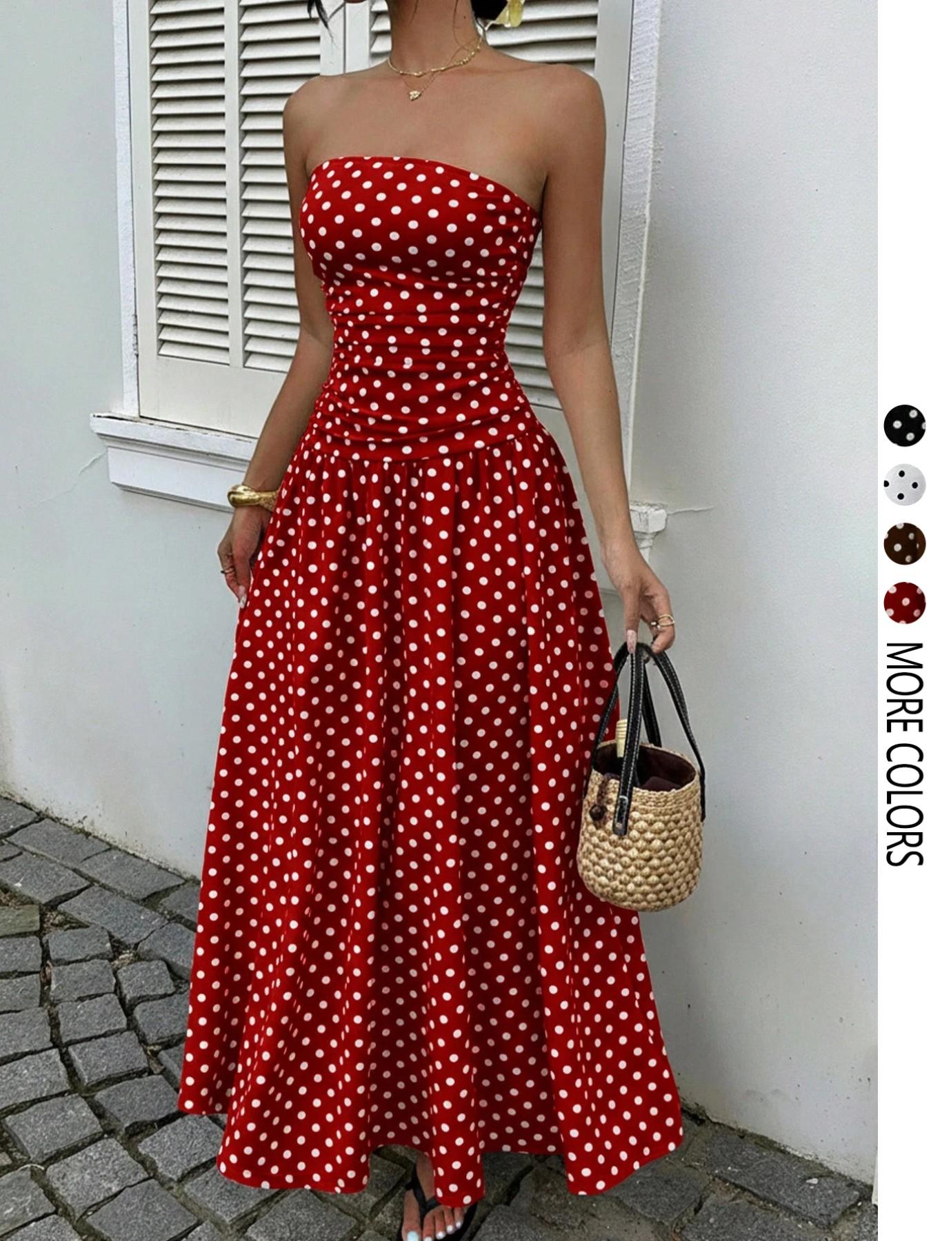Women's Elegant Chic Fashion Polka Dot Strapless Dress, Stylish Sleeveless Maxi Dress for Parties and Casual Wear