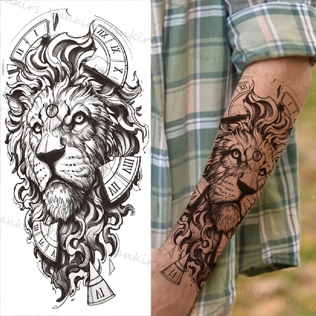 Sdrawing Lion Crown Temporary Tattoos For Women Men Wolf Compass Tiger Mountain Flower Fake Tattoo Sticker Arm Body Tatoos