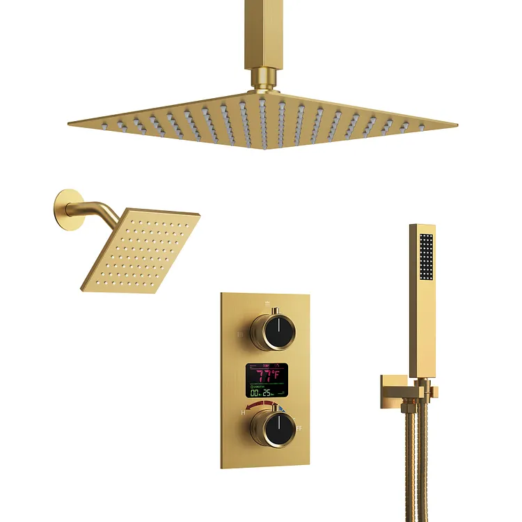EVERSTEIN LED Temperature Display Rainfall Shower System in Brushed Gold SFS-1033-GD12