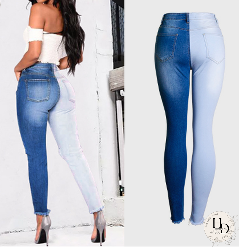 Fashion-Spring And Summer Hot Selling Small Leg Pants Broken Holes Stretch Slim Body Patchwork Color Pencil Pants Woman