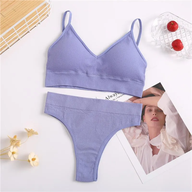 Thong + Bra Women Sexy Underwear Brassiere Female Tops Panties Bralette Intimates Lingerie Stretchy Ribbed Tank Crop Tops Set