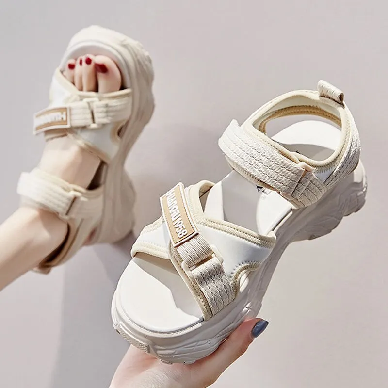 Fujin 2021 Women Sandals Platform Thick Sole Chunky Shoes Magic Tape Ins Casual Summer Shoes Sandals Beige Black Comfortable