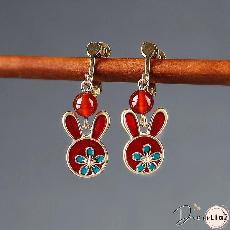 Red earrings antique rabbit earrings with cheongsam retro sterling silver ethnic earrings