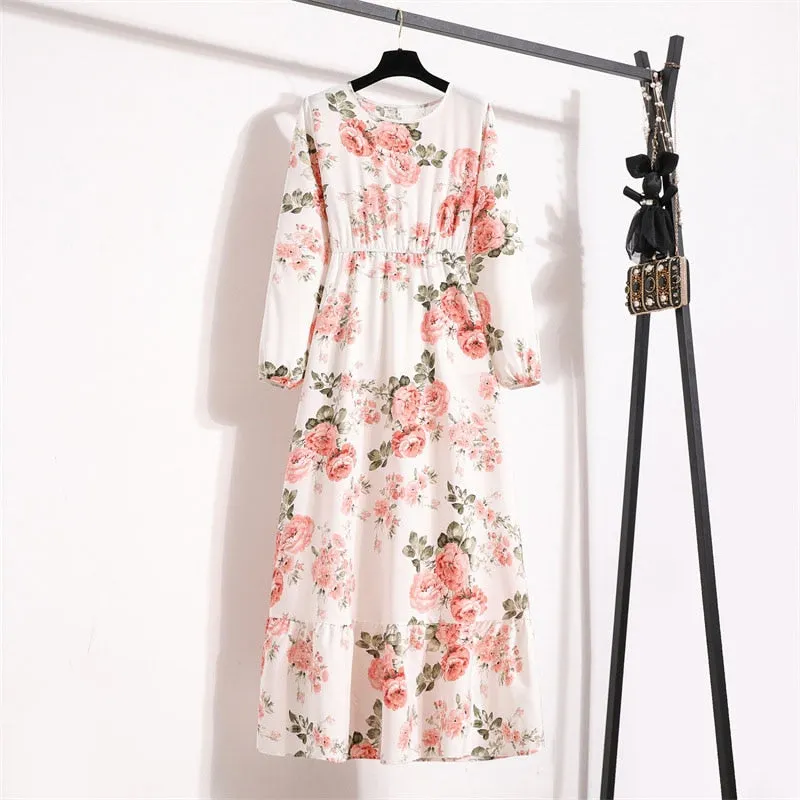 Floral Print Long Dress Women Lantern Long Sleeve High Waist Elegant Party Dress Ladies Casual Spring Summer Beach Maxi Dress