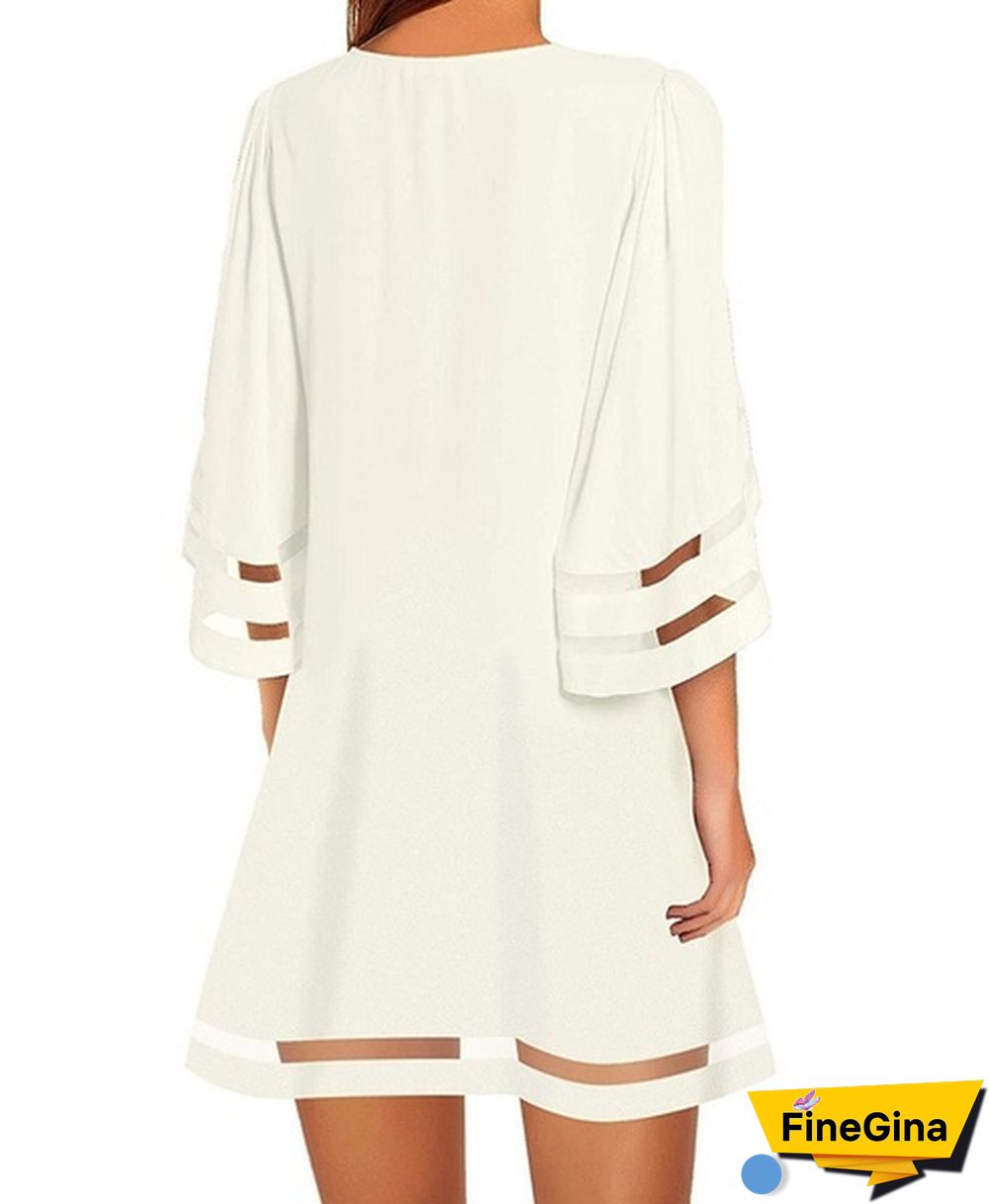 NEW summer Womens Short Sleeves Round Neck Flared Sleeves Casual Dresses Solid Color Patchwork Hollow-out Loose Mini Dresses Short Dresses Plus Size