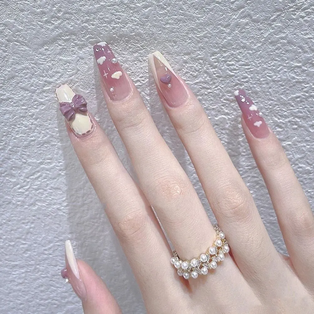 Butterfly Lovely Girl Nail Art Wearable Press On Fake Nails Tips With Glue Artificial French Nail DIY Nail Wearing Tools 24pcs-Nail Inspo