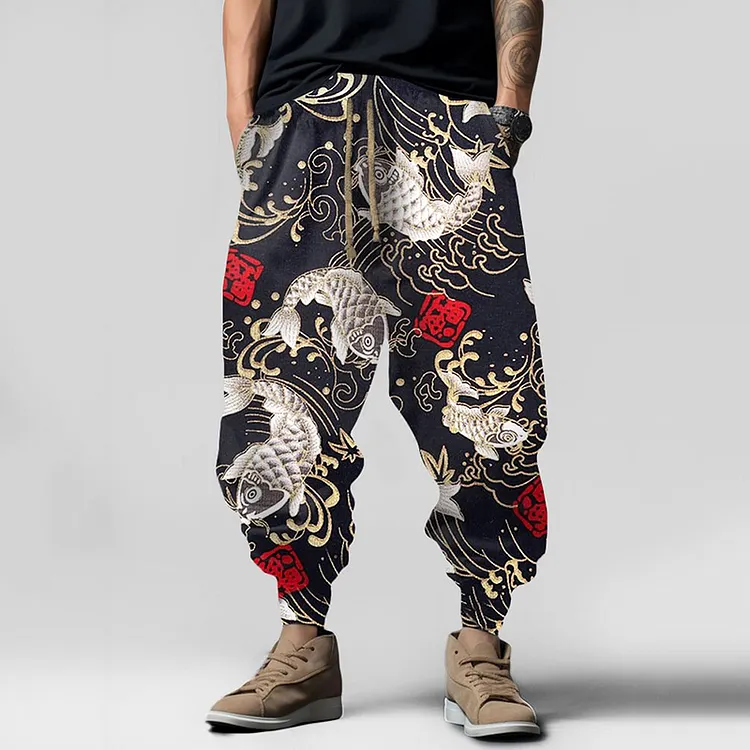 Vintage Japanese Art Carp Element Pattern Casual Loose Drawstring Waist Sweatpants