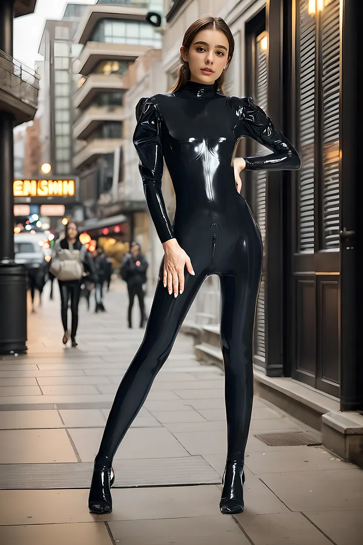 Women Latex Catsuits Puffy-sleeved Badass Girl High Neck