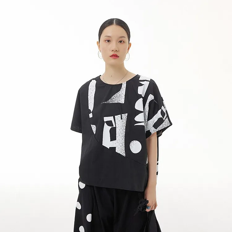 Casual Loose O-neck Irregular Printed Patchwork Short Sleeve T-shirt
