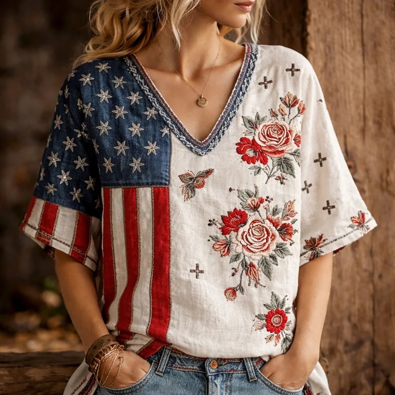 Women's Flag Floral Embroidered Printed Linen T-shirt