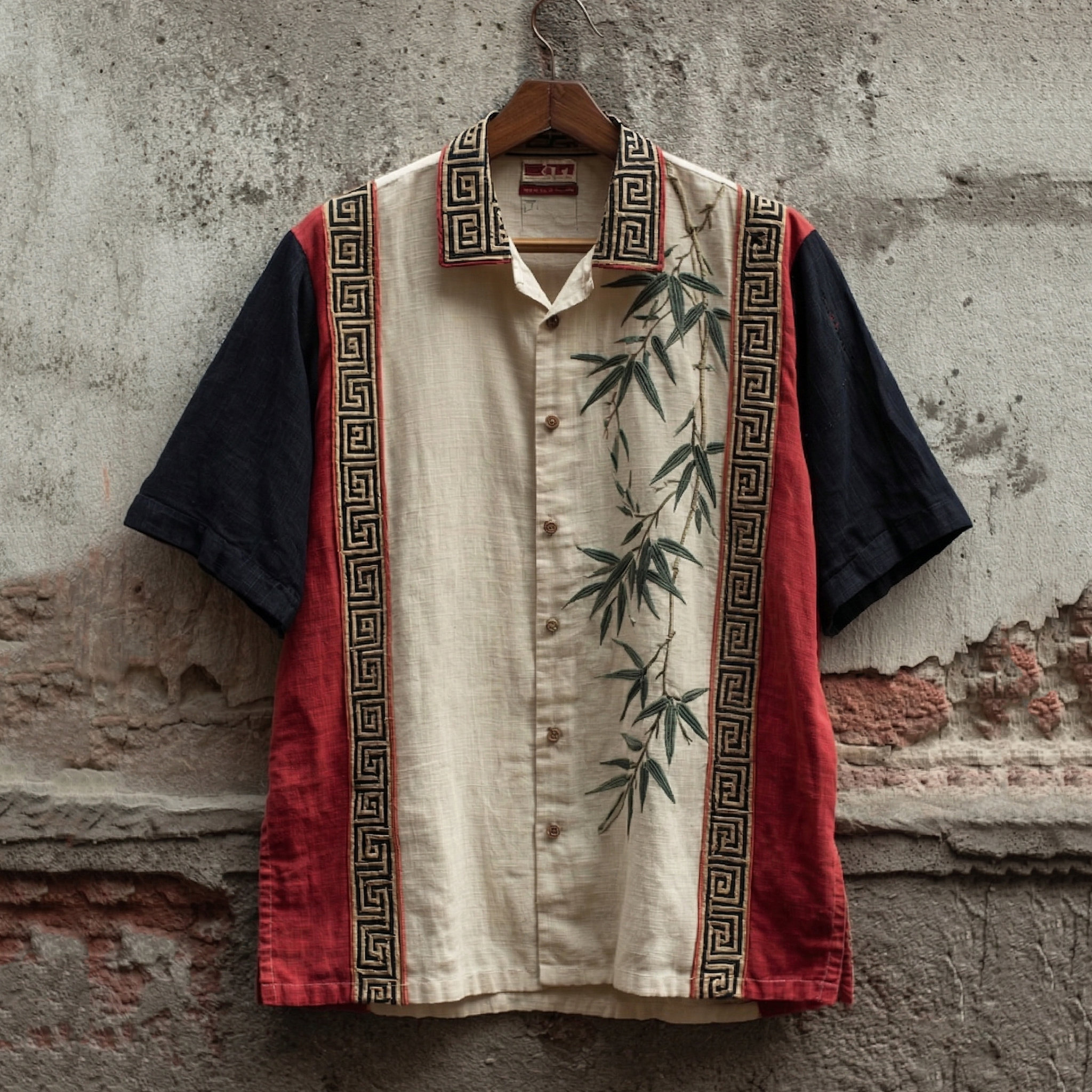 Men's Retro Japanese Bamboo Art Color Blocked Design Short Sleeve Shirt elevenforest