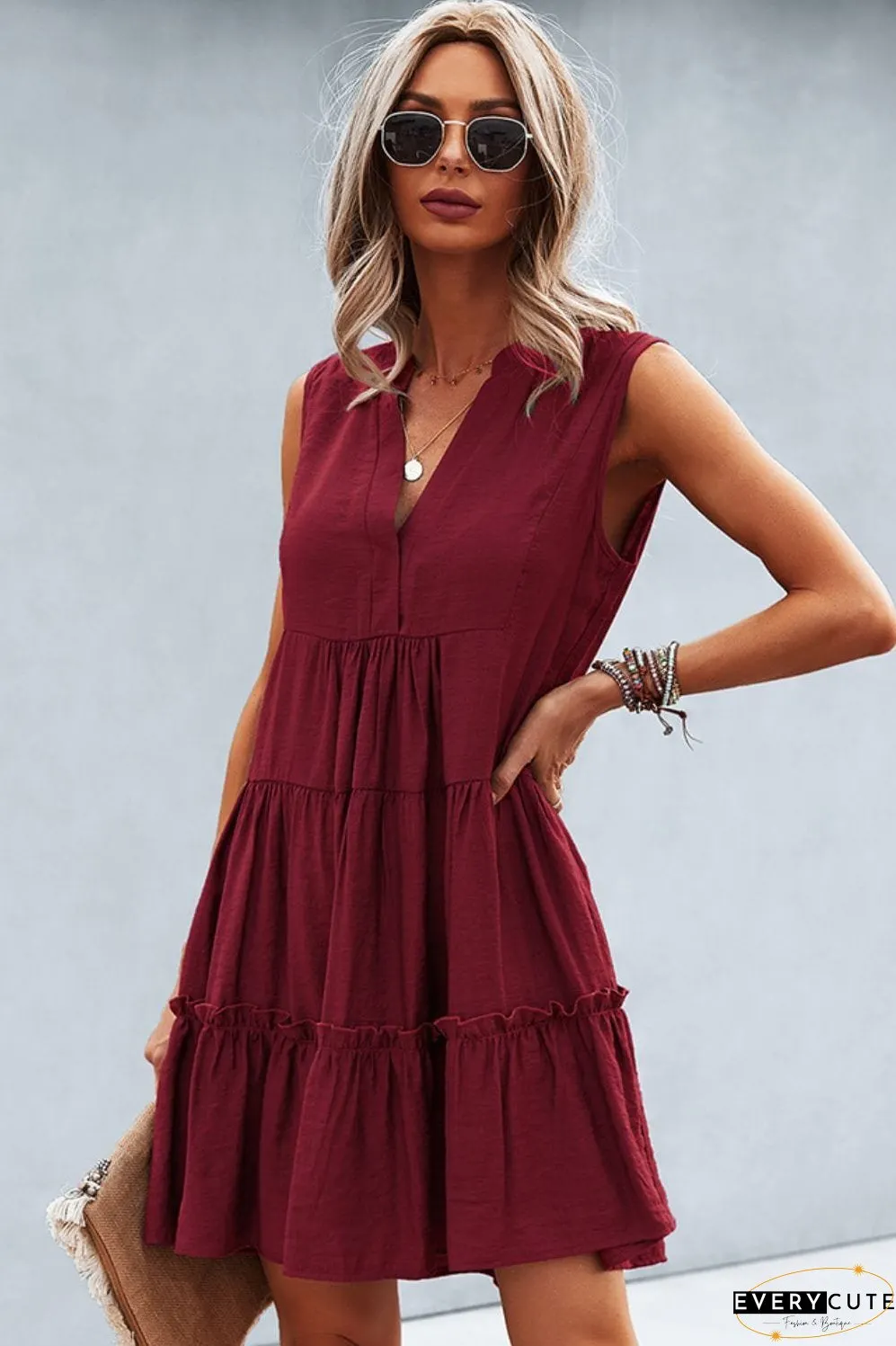 Frill Trim Notched Sleeveless Tiered Dress