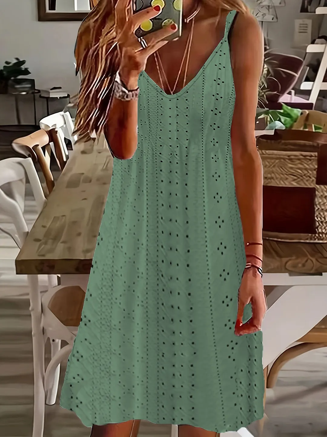 Churchf Churchf Women's Summer New Hollow Jacquard V-Collar Sling Solid Color Dress