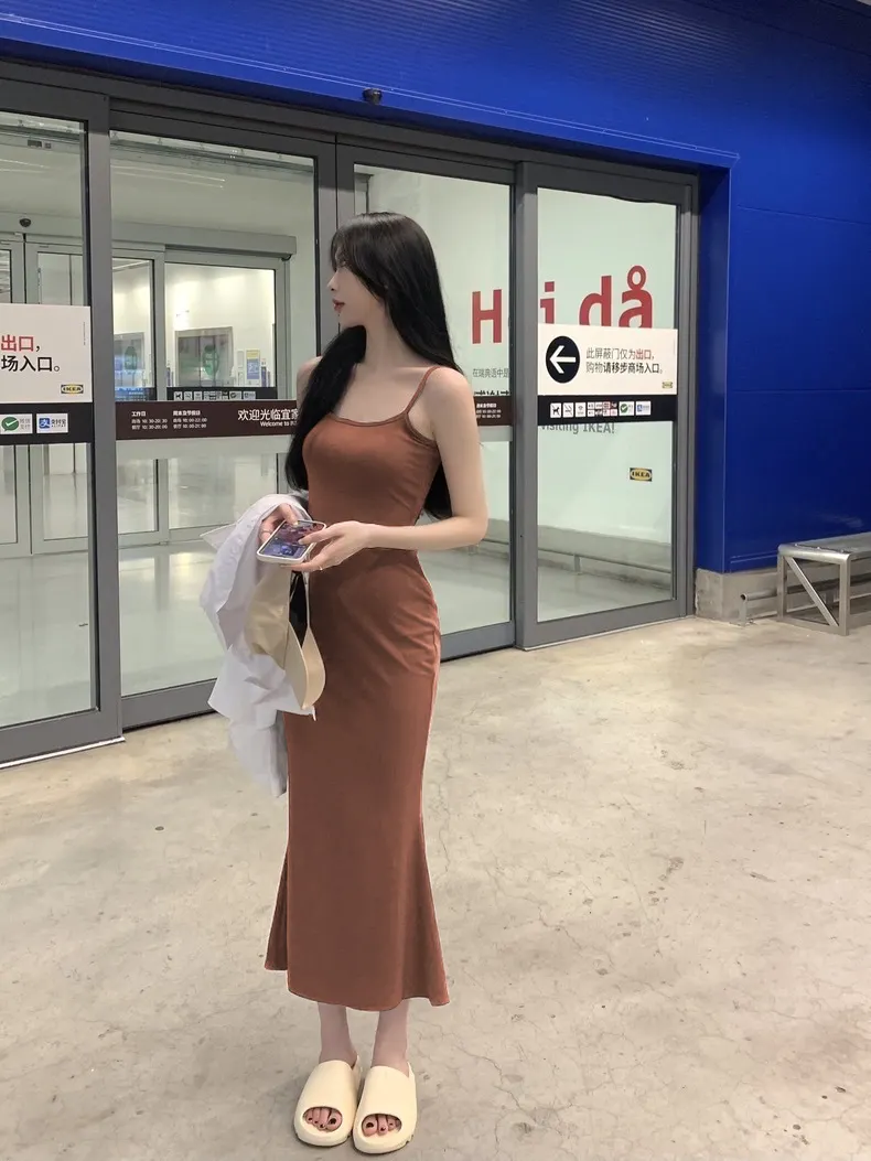 Brownm Brownm Belt Dress Female Summer Sleeveless Accept Waist Pure Desire Sexy Tight Show Thin Senior Feeling Bag Buttock Hot Girl Tight Skirt