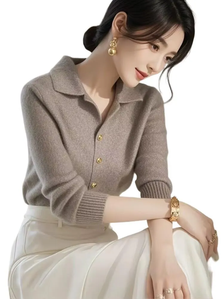 Athvotar Athvotar Polo Collar Long-Sleeved Knitted Shirt 2025 European Blouse French Elegant Thin Outer Wear Bottom Sweater Woman