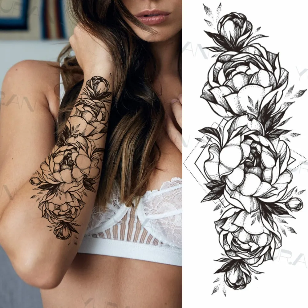 Black Large Snake Flower Fake Tattoo Sticker For Women Dot Rose Peony Temporary Tattoos DIY Water Transfer Tatoos Girls 530