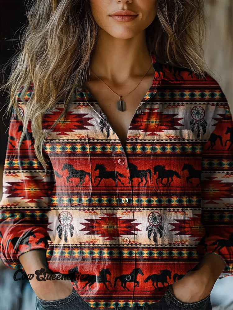 Women&rsquo;s Red Vintage Aztec Hhorse Print Casual Long Sleeve Comfortable Cotton Shirt Multicolor / S