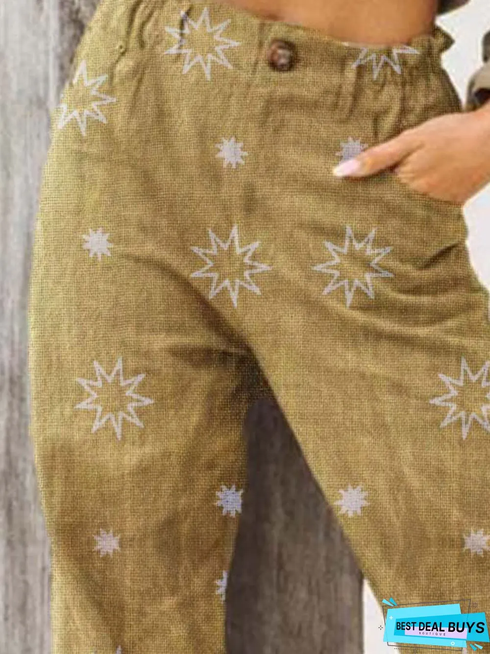 Khaki Cotton-Blend Pockets Casual Pants