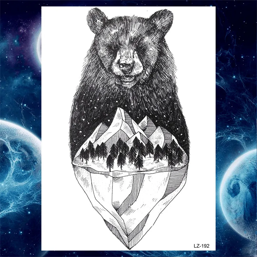 3D Lion Tiger Temporary Tattoos For Men Women Adult Black Wolf Tattoo Sticker Realistic Fake Bear Mountain Disposable Tatoo Body