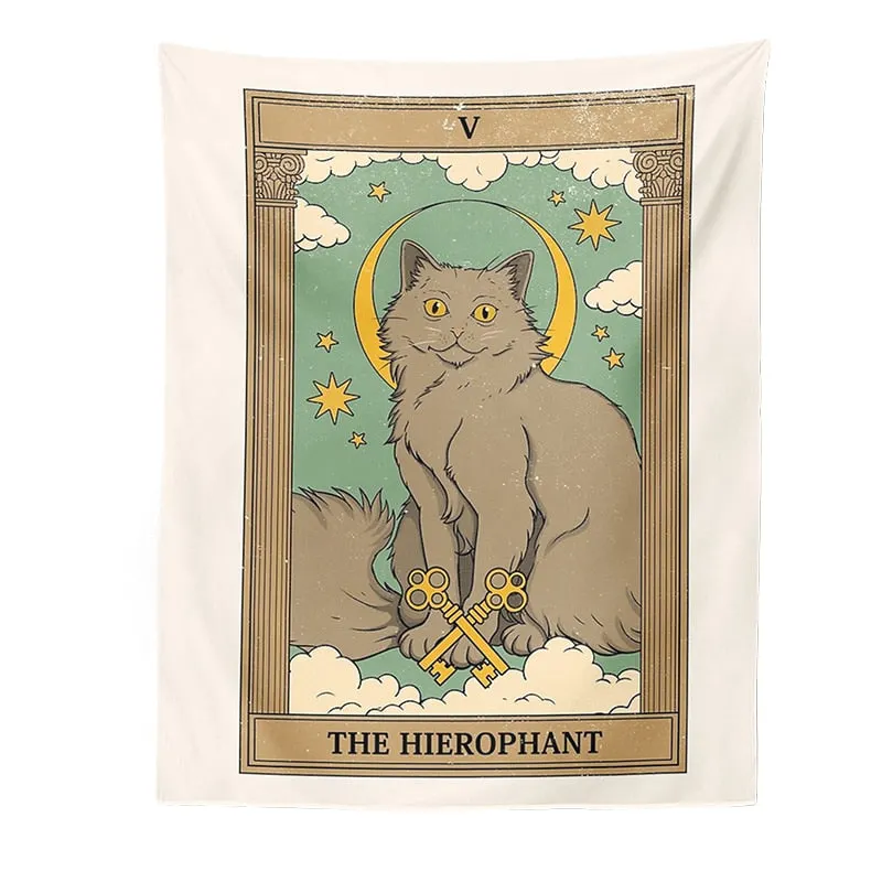 Cat Divination Witchcraft Tarot Card Tapestry Wall Hanging Tapestries Baphomet Occult Home Wall Moon phase Mat Decor Cat Coven