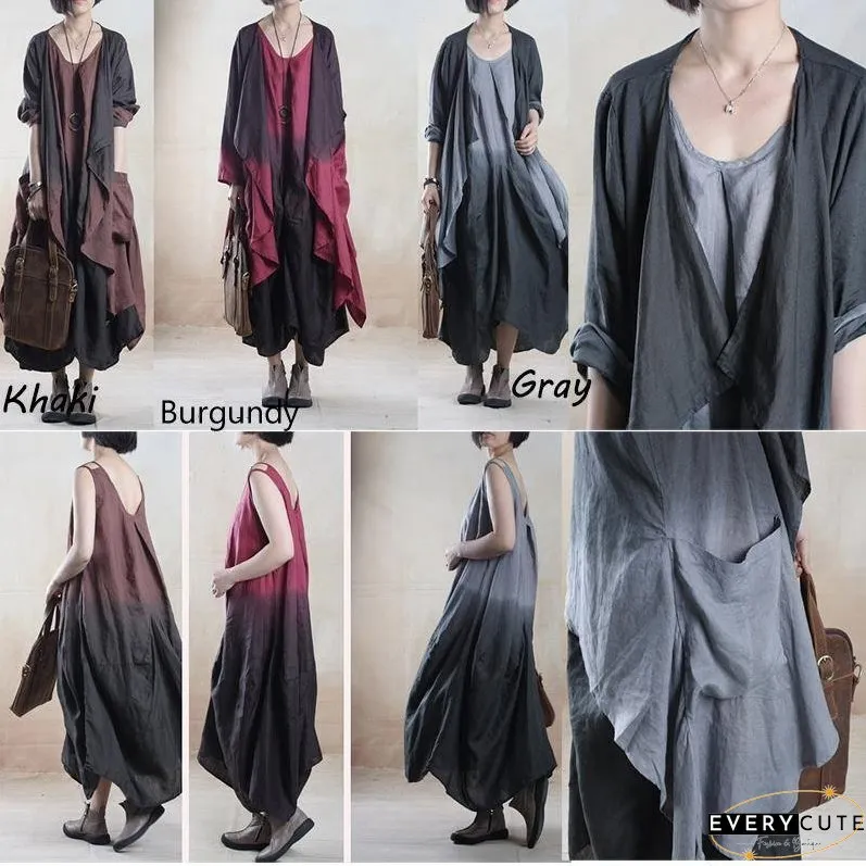 Burgundy gradient Asymmetric linen sundress plus size long maxi dress Two pieces