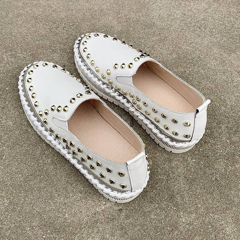 Big Size 36-43 Casual Rivet Single Shoes Women's 2022 Spring New Rhinestone Lefu Shoes Flat Bottomed Fashionable Women's Shoes