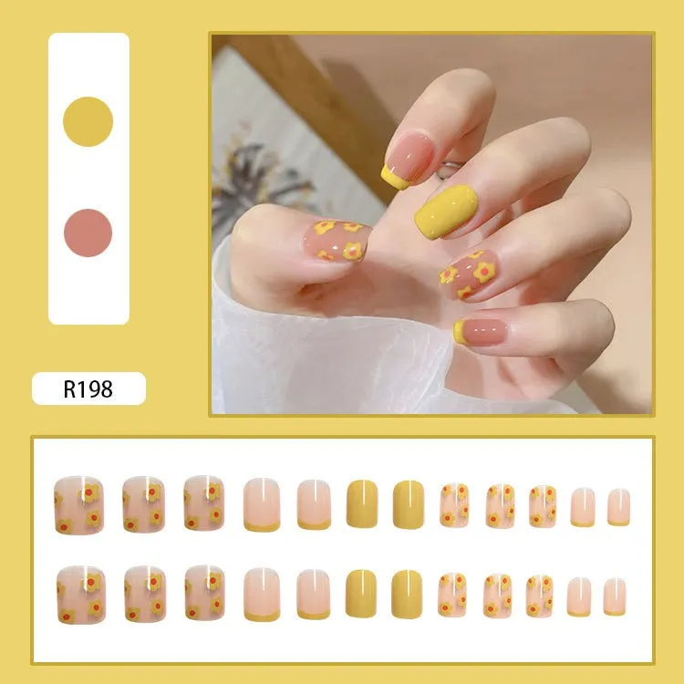 24pcs/box Fake Nails With Glue Yellow Flower Printed Type Short Paragraph Fashion Manicure Press On False Nails Gifts For Girls-Nail Inspo