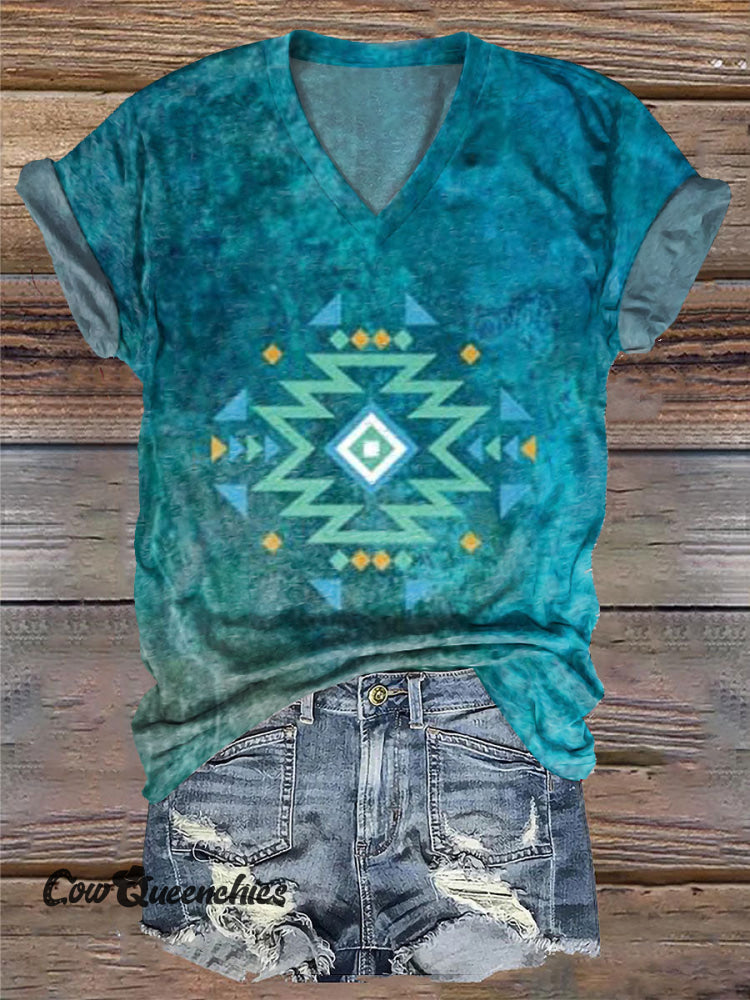 Women&rsquo;s Turquoise Aztec Print V-neck Casual T-Shirt Multicolor / S