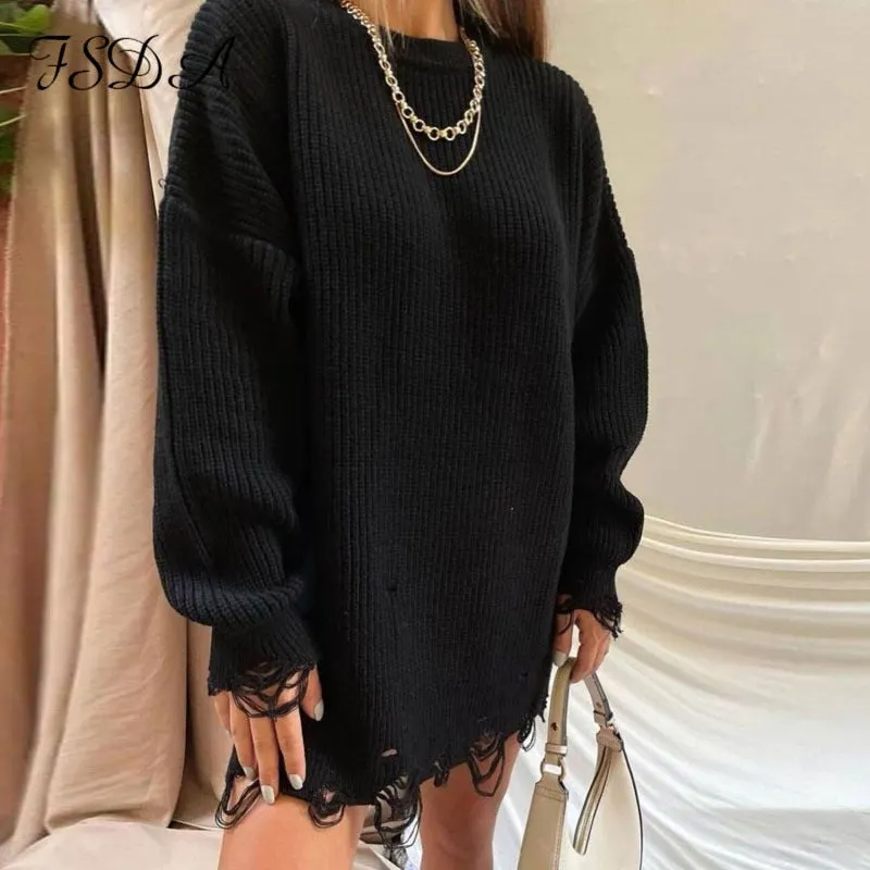 FSDA O Neck 2021 Green Sweater Dress Women Knitted Long Sleeve Autumn Winter Y2K Oversized Mini Elegant Dresses Party Sexy