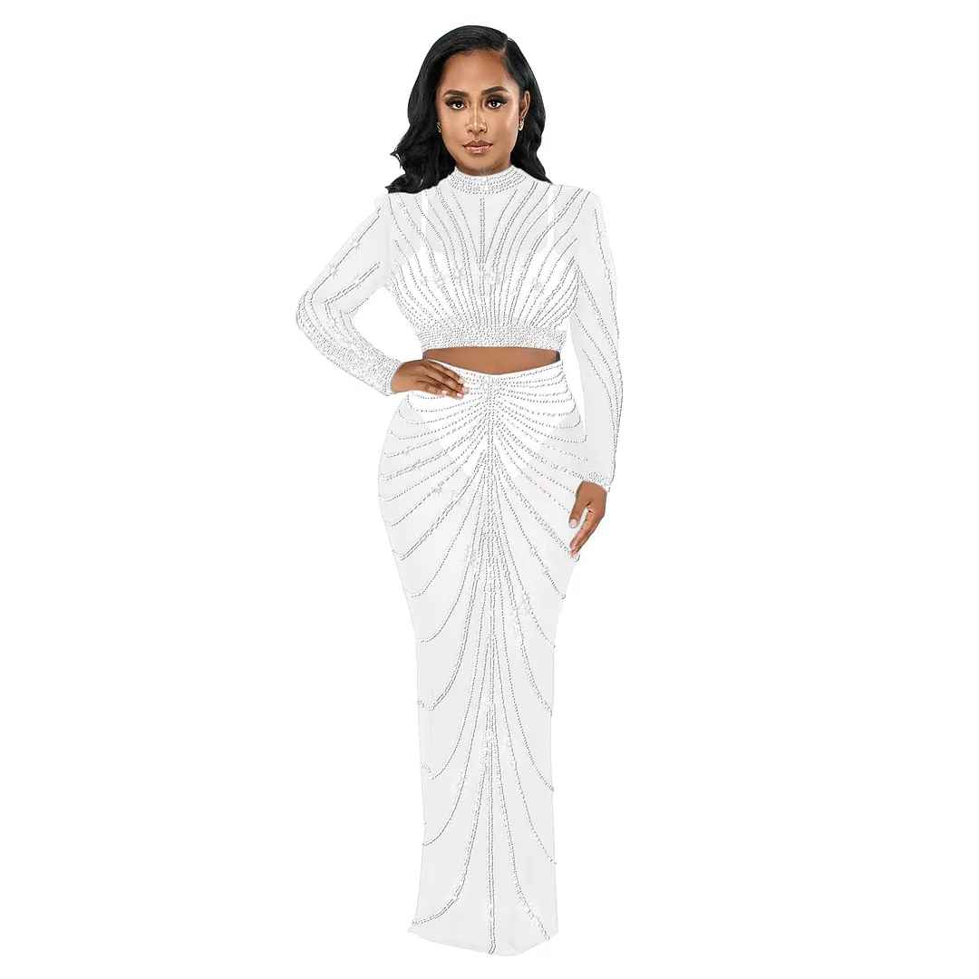 Churchf Churchf Fashion Women's Mesh Hot Drill Perspective Long-Sleeve Dress Two-Piece Set