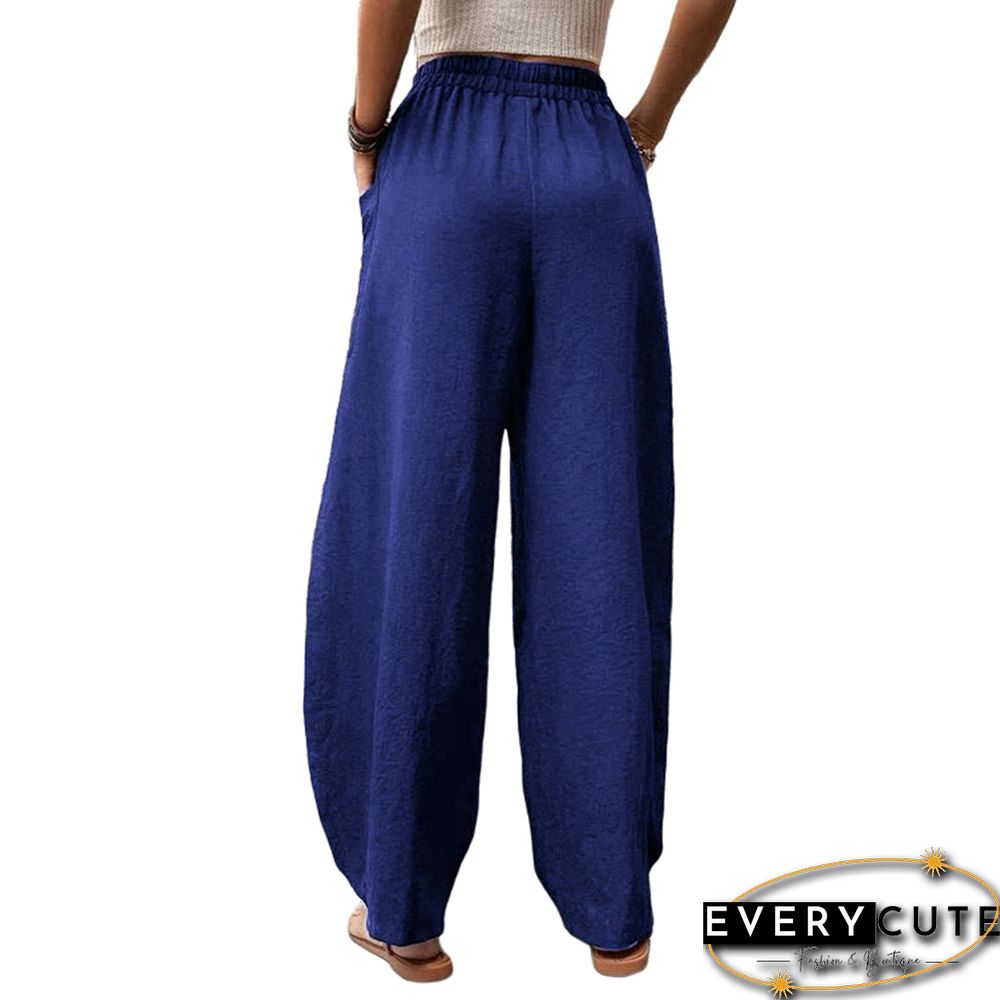 Royal Blue Solid Elastic Waist Pocket Casual Pants
